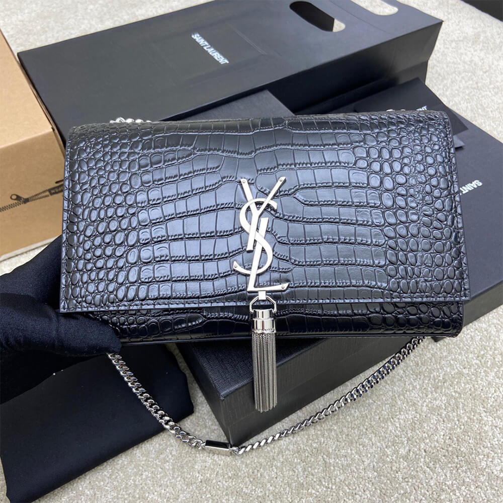Y51 kate medium tassel in crocodile-embossed leather