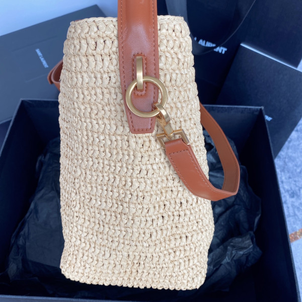 Y*L le 37 leather-trimmed raffia bucket bag-20*25*16cm