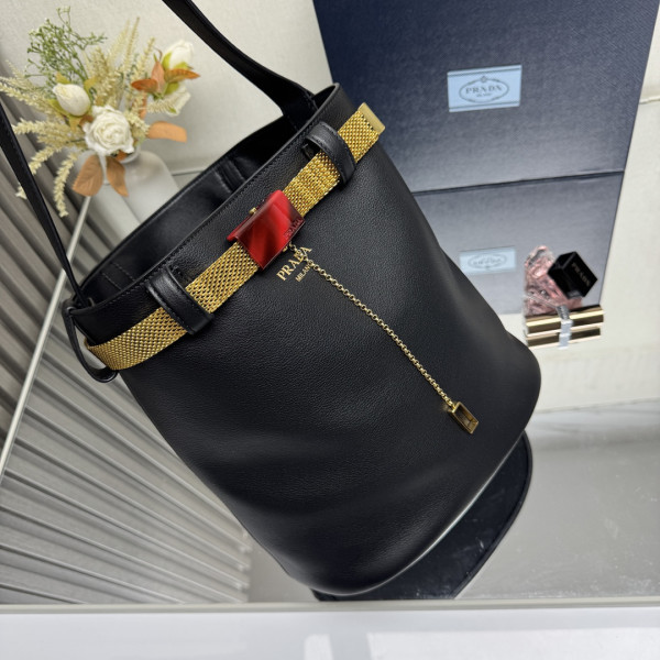 Pra*a buckle leather bucket bag with jeweled belt