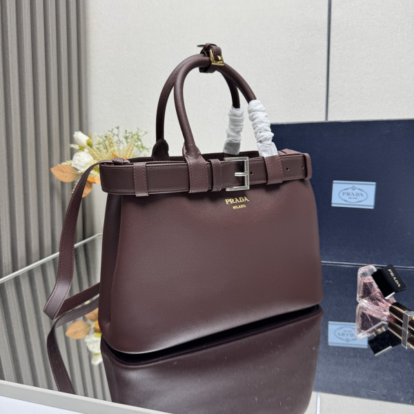 Pra*a buckle large leather handbag with belt-32*23*11cm
